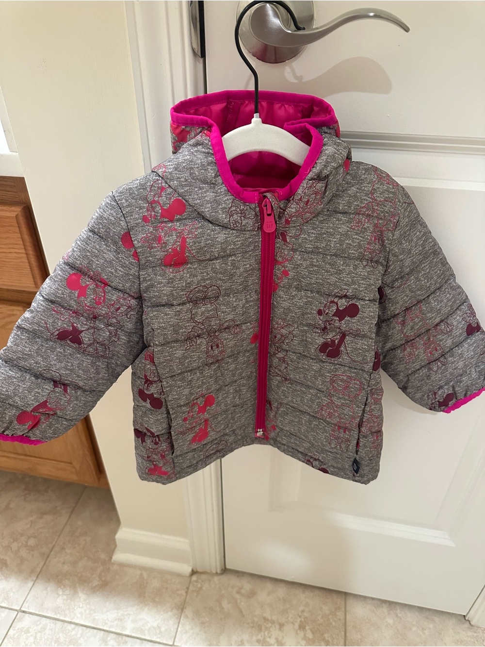 Disney Baby GAP Grey Puffer Jacket with Pink Accents and Hood